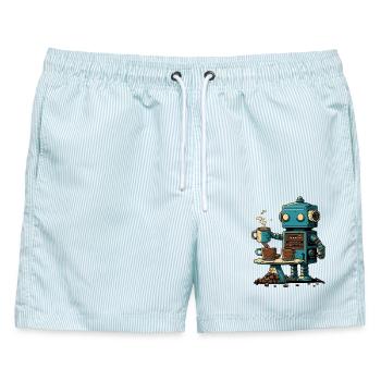 Blechroboter macht Kaffee - Männer Badeshorts - hellblau gestreift - Vorne - AI Model Male 178 light (178cm)