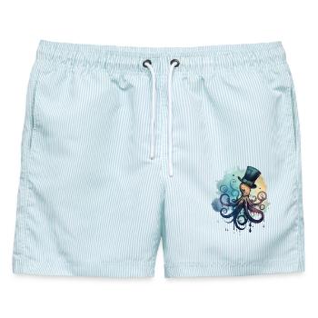 Krake trägt grossen Zylinder - Männer Badeshorts - hellblau gestreift - Vorne - AI Model Male 178 light (178cm)