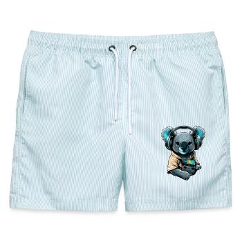 koala mit Kopfhörern - Männer Badeshorts - hellblau gestreift - Vorne - AI Model Male 178 light (178cm)