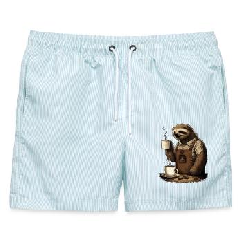 Faultier mit Schürze und Tassen mit duftendem Kaff - Männer Badeshorts - hellblau gestreift - Vorne - AI Model Male 178 light (178cm)