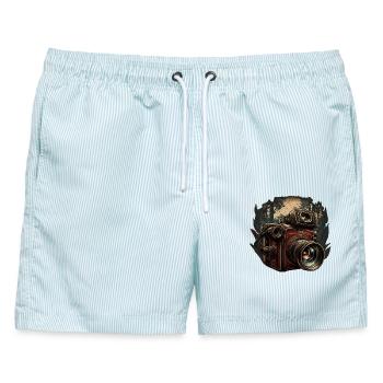 Kamera im Wald - Männer Badeshorts - hellblau gestreift - Vorne - AI Model Male 178 light (178cm)