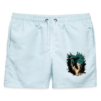Parkourläufer in der Stadt - Männer Badeshorts - hellblau gestreift - Vorne - AI Model Male 178 light (178cm)