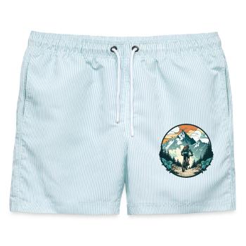 Biker in den Bergen - Männer Badeshorts - hellblau gestreift - Vorne - AI Model Male 178 light (178cm)