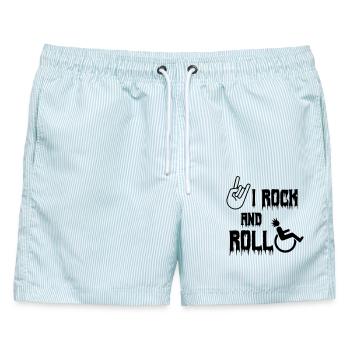 Ich schaukele und rolle in meinem Rollstuhl herum. Walze, Musik * - Männer Badeshorts - hellblau gestreift - Vorne - AI Model Male 178 light (178cm)