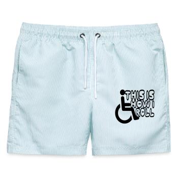 So rolle ich meinen Rollstuhl * - Männer Badeshorts - hellblau gestreift - Vorne - AI Model Male 178 light (178cm)