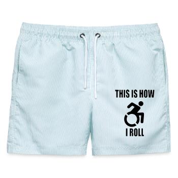 So rolle ich meinen Rollstuhl * - Männer Badeshorts - hellblau gestreift - Vorne - AI Model Male 178 light (178cm)