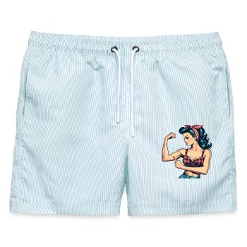 Stärke starke Frau Rockabilly Bizeps Geschenk - Männer Badeshorts - hellblau gestreift - Vorne - AI Model Male 178 light (178cm)