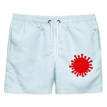 Illustration des roten Covid-Moleküls - Männer Badeshorts - hellblau gestreift - Vorne - AI Model Male 178 light (178cm)