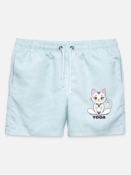 Yoga Katze im Meditativen Stil - Männer Badeshorts - hellblau gestreift