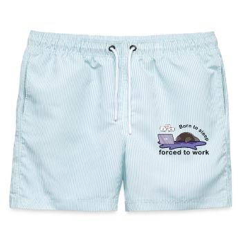 born to sleep forced to work cute cat working - Männer Badeshorts - hellblau gestreift - Vorne - AI Model Male 178 light (178cm)