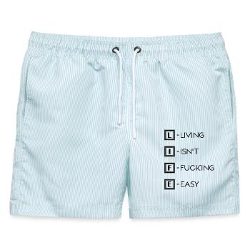 Leben / Life / Living isn't fucking easy - Männer Badeshorts - hellblau gestreift - Vorne - AI Model Male 178 light (178cm)