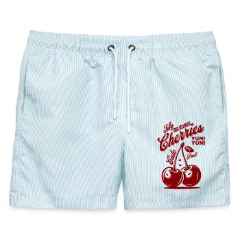 My Delicious Cherries – Retro Fruit Design - Männer Badeshorts - hellblau gestreift - Vorne - AI Model Male 178 light (178cm)