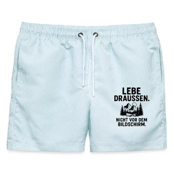 Lebe Draussen Nicht Vor Dem Bildschirm - Männer Badeshorts - hellblau gestreift - Vorne - AI Model Male 178 light (178cm)