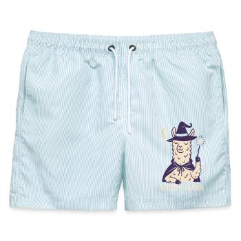 Hexe Lama Witchy Halloween Motiv - Männer Badeshorts - hellblau gestreift - Vorne - AI Model Male 178 light (178cm)