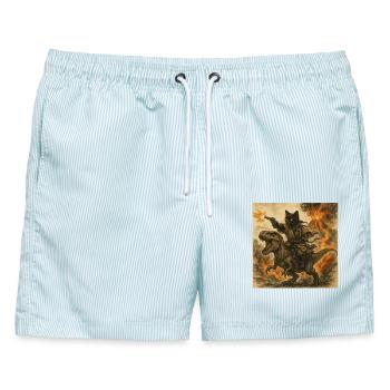 Samurai-Katze reitet auf Dinosaurier bei Vulkanausbruch - Männer Badeshorts - hellblau gestreift - Vorne - AI Model Male 178 light (178cm)