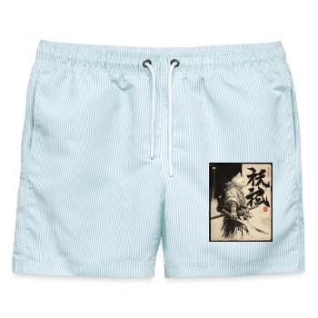 Samurai Katze, Japanischer Krieger & Kämpfer - Männer Badeshorts - hellblau gestreift - Vorne - AI Model Male 178 light (178cm)
