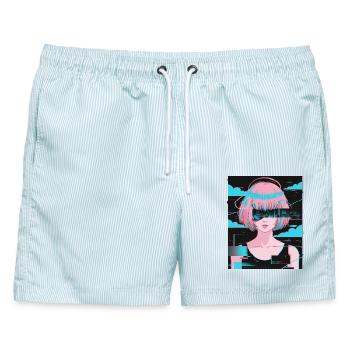 Anime Girl Vaporwave Glitch Ästhetik Motiv - Männer Badeshorts - hellblau gestreift - Vorne - AI Model Male 178 light (178cm)