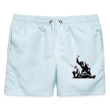 Banksy Street Art gegen Zensur Protest - Männer Badeshorts - hellblau gestreift - Vorne - AI Model Male 178 light (178cm)