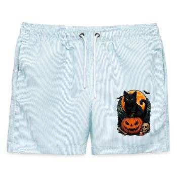 Gruseliger Halloween-Kater mit Kürbis Halloween - Männer Badeshorts - hellblau gestreift - Vorne - AI Model Male 178 light (178cm)