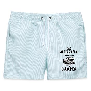 Camping Rentner Altersheim Wohnmobil - Männer Badeshorts - hellblau gestreift - Vorne - AI Model Male 178 light (178cm)