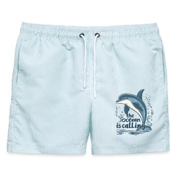 the ocean is calling - delfin - Männer Badeshorts - hellblau gestreift - Vorne - AI Model Male 178 light (178cm)