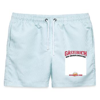 Mein JGA Gästebuch Jungesellenabschied voll dabei - Männer Badeshorts - hellblau gestreift - Vorne - AI Model Male 178 light (178cm)