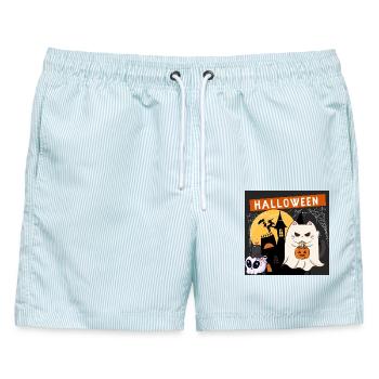Kawaii Geisterkatze mit einem Halloween-Kürbis - Männer Badeshorts - hellblau gestreift - Vorne - AI Model Male 178 light (178cm)