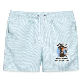 Warum ich Kaffee trinke? – Gestresster Hund  - Männer Badeshorts - hellblau gestreift - Vorne - AI Model Male 178 light (178cm)