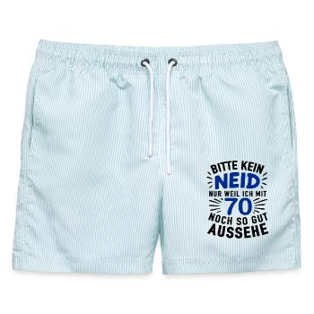 70er Jubel Shirt – Kein Neid , gut aussehen - Männer Badeshorts - hellblau gestreift - Vorne - AI Model Male 178 light (178cm)