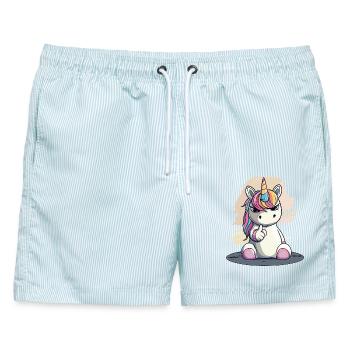 Freches Einhorn mit Zeigefinger – Cute & Cool - Männer Badeshorts - hellblau gestreift - Vorne - AI Model Male 178 light (178cm)