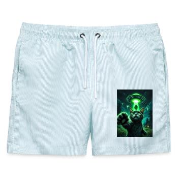 Neonkatze und UFO Rettung - Männer Badeshorts - hellblau gestreift - Vorne - AI Model Male 178 light (178cm)