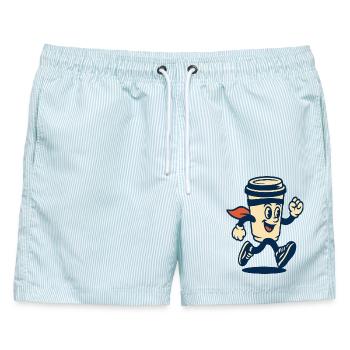 Laufendes Kaffeetassen-Maskottchen - Männer Badeshorts - hellblau gestreift - Vorne - AI Model Male 178 light (178cm)