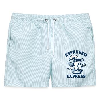 Espresso Express Maskottchen - Männer Badeshorts - hellblau gestreift - Vorne - AI Model Male 178 light (178cm)
