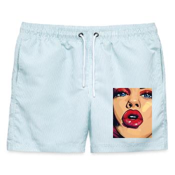 Pop-Art Lippenstift Blick - Männer Badeshorts - hellblau gestreift - Vorne - AI Model Male 178 light (178cm)
