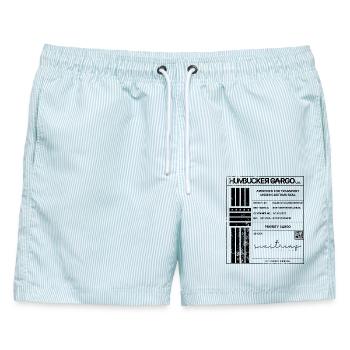 Shipping Label, schwarz - Männer Badeshorts - hellblau gestreift - Vorne - AI Model Male 178 light (178cm)