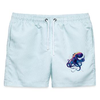 Neon Oktopus Splatter - Männer Badeshorts - hellblau gestreift - Vorne - AI Model Male 178 light (178cm)