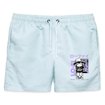 Lo-Fi Nights – Kawaii Chibi mit Walkman Streetwear - Männer Badeshorts - hellblau gestreift - Vorne - AI Model Male 178 light (178cm)
