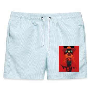 Frau mit Orange Mantel Breiter Hut - Männer Badeshorts - hellblau gestreift - Vorne - AI Model Male 178 light (178cm)