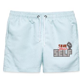 Motivationale Faust, Rette dein Selbst, Aktivisten-T-Shirt im Fitnessstudio - Männer Badeshorts - hellblau gestreift - Vorne - AI Model Male 178 light (178cm)