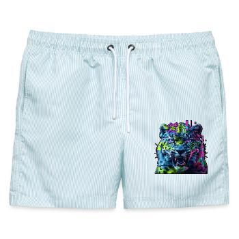 Techno Neon Leopard – Glitchcore Art - Männer Badeshorts - hellblau gestreift - Vorne - AI Model Male 178 light (178cm)