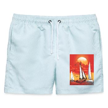 Sonnenuntergang mit Segelboot - Männer Badeshorts - hellblau gestreift - Vorne - AI Model Male 178 light (178cm)