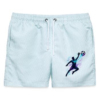 Neon Fußball Spieler, Schuss in den Winkel - Männer Badeshorts - hellblau gestreift - Vorne - AI Model Male 178 light (178cm)