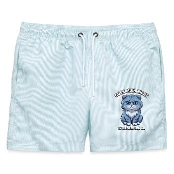 Guck mich nicht so an – Cartoon-Katze - Männer Badeshorts - hellblau gestreift - Vorne - AI Model Male 178 light (178cm)