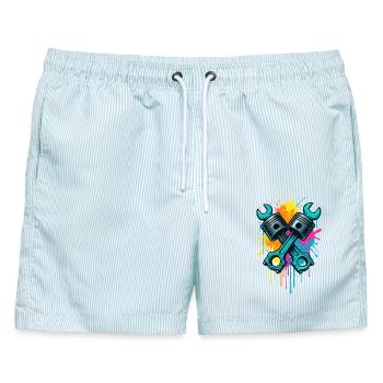 Schrauber Kolben Design, Werkstatt Mechaniker - Männer Badeshorts - hellblau gestreift - Vorne - AI Model Male 178 light (178cm)