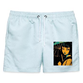 Nachtlicht Mädchen mit UkiyoE Regenschirm - Männer Badeshorts - hellblau gestreift - Vorne - AI Model Male 178 light (178cm)