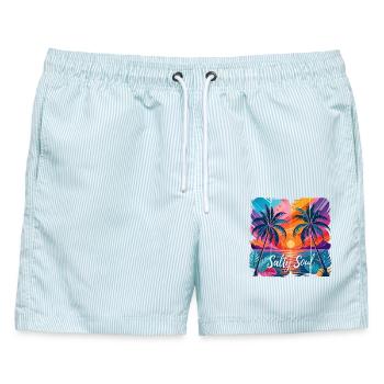 Salty Soul Sea Beach with Palm Trees by Sunset - Männer Badeshorts - hellblau gestreift - Vorne - AI Model Male 178 light (178cm)