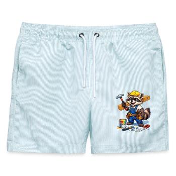 Bau Raccoon im Werkstattlook - Männer Badeshorts - hellblau gestreift - Vorne - AI Model Male 178 light (178cm)