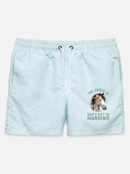 The Horse is God's Gift – Florales Pferde Design - Männer Badeshorts - hellblau gestreift