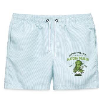 Support Your Local Matcha Dealer Green Tea Lover - Männer Badeshorts - hellblau gestreift - Vorne - AI Model Male 178 light (178cm)