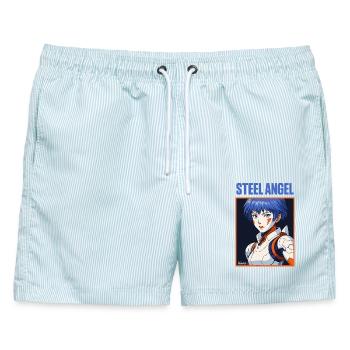 Stahl Engel Kriegerin Illustration - Männer Badeshorts - hellblau gestreift - Vorne - AI Model Male 178 light (178cm)